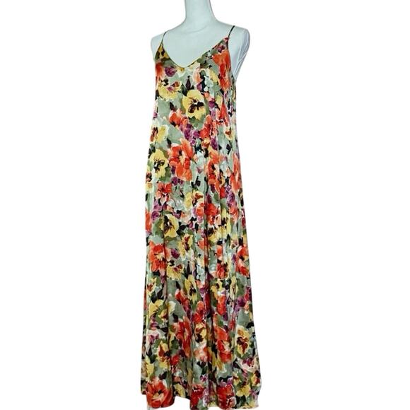 Nicole Miller satin watercolor floral maxi dress sleeveless racerback pockets S - Picture 2 of 14